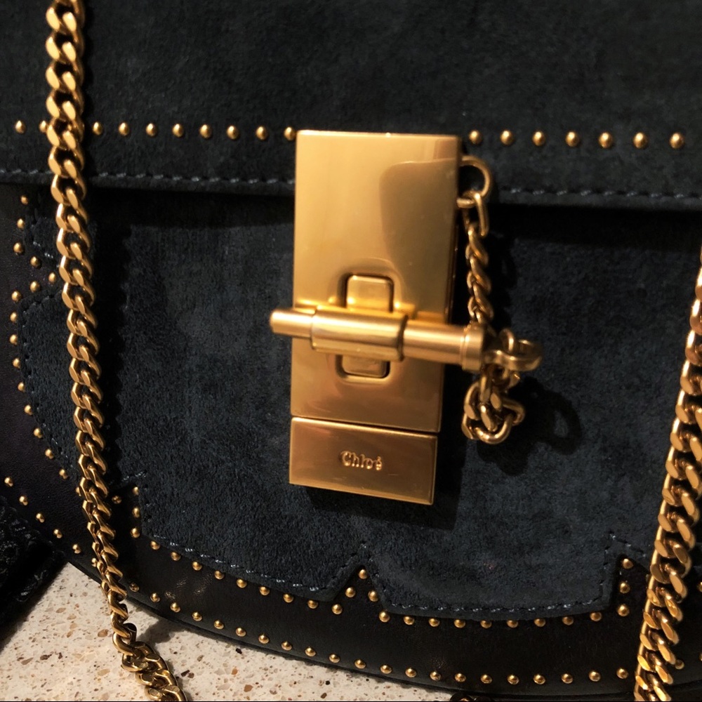 CHLOÉ Full Moon Blue Suede Gold Chain Studded Faye Drew Crossbody Shoulder Bag - Picture 3 of 8